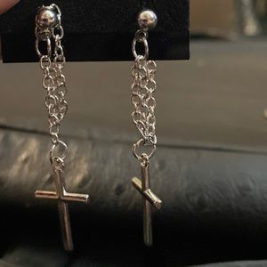 SILVER DANGLING POST EARRINGS w/ CROSS AND CHAINS ATTACHED TO BACK